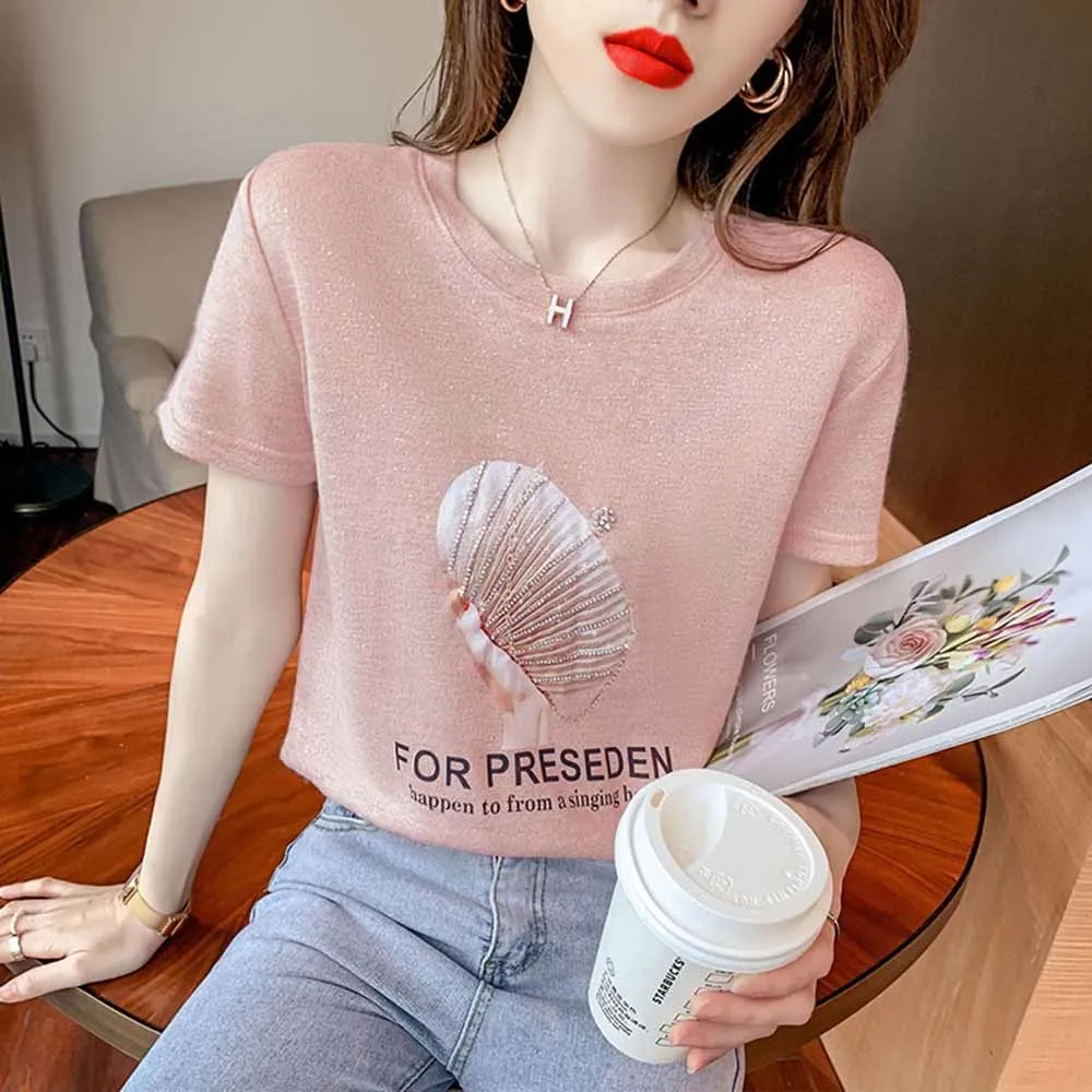 Summer Loose Korean Clothes T-Shirt Fashion printed letters Beads Women Tops Short Sleeve Bottoming Shirt Tees Casual New 2202