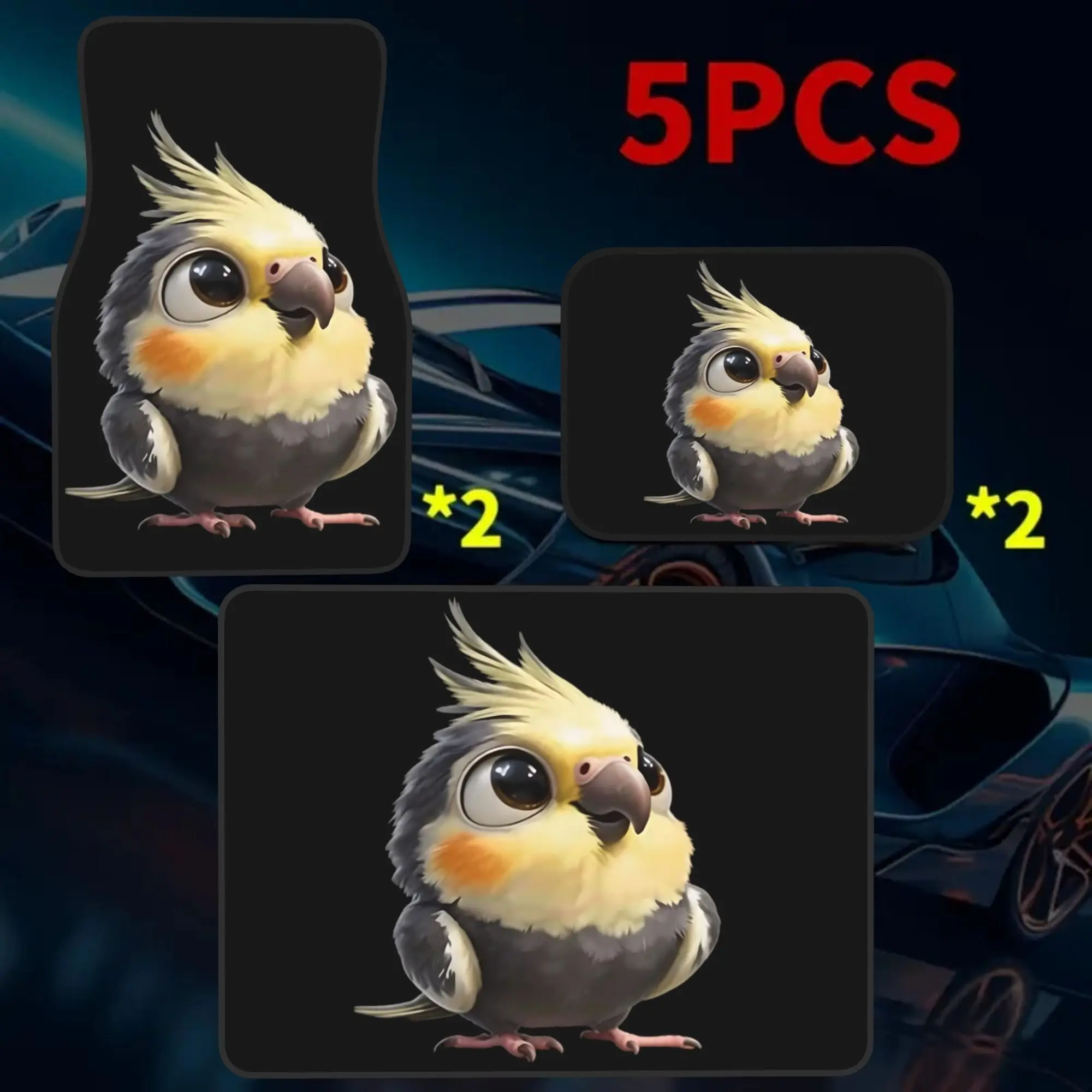 2D Flat Printing 5pcs Cute Cartoon Cockatiel Parrot Printed Car Mats Set (4 Floor Mats + 1 Trunk Mat), Made Of Durable Elegant I