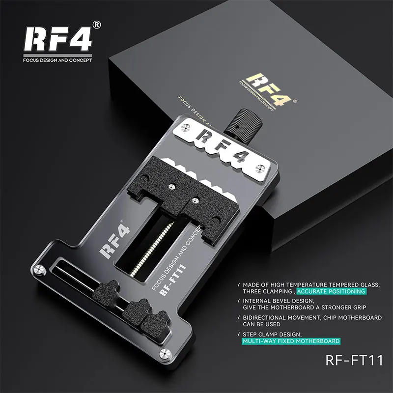 

RF4 RF-FT11 Приспособление для ремонта материнской платы Высокотемпературное закаленное стекло Прецизионное позиционирование 3-стороннее зажим для держателя процессора SMT SMD
