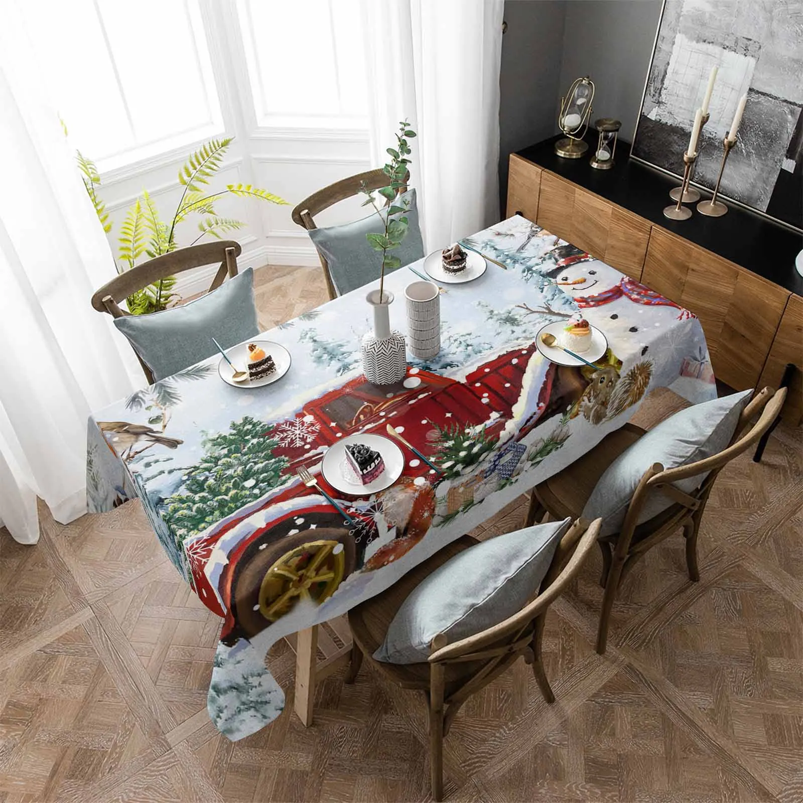 Christmas Snowman Truck Pinecone Waterproof Tablecloth Rectangle Party Table Cloth Dining Table Cover Home Kitchen Decoration