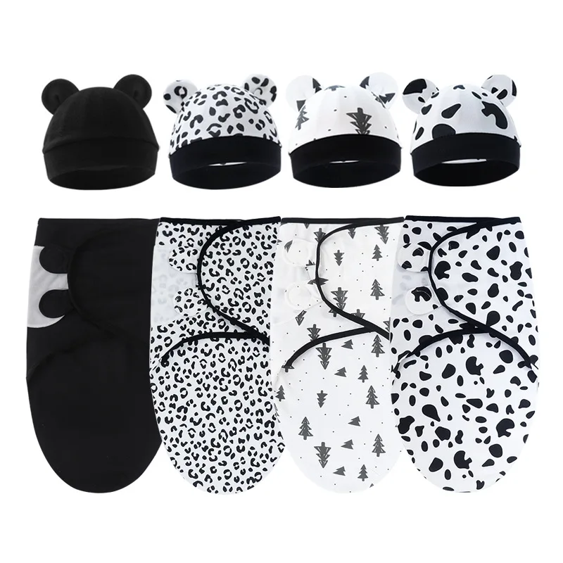 Baby Decke Hut Set Cartoon Gedruckt Baumwolle Neugeborenen Swaddle Einstellbar Säugling Schlafen Swaddle Wraps Alle Jahreszeiten 0-6 Monate