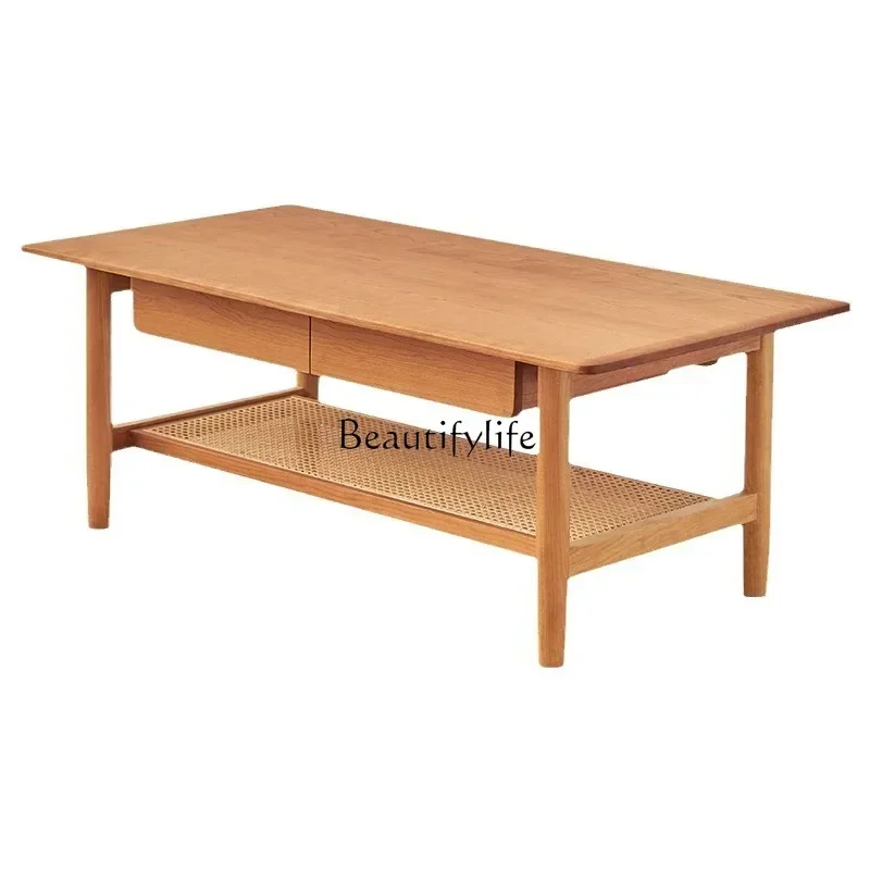 

Z.-*Nordic solid wood coffee table Japanese simple cherry wood oak log rattan coffee table