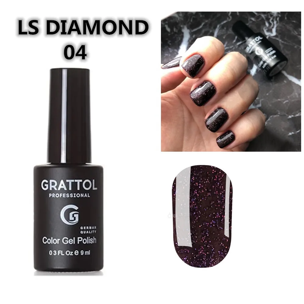 GRATTOL Profissional Glitter Gel Unha Polonês LS DIAMOND 9ML Prata Rosa Lantejoulas Semi Permanente Soak Off UV Art Base Top Coat