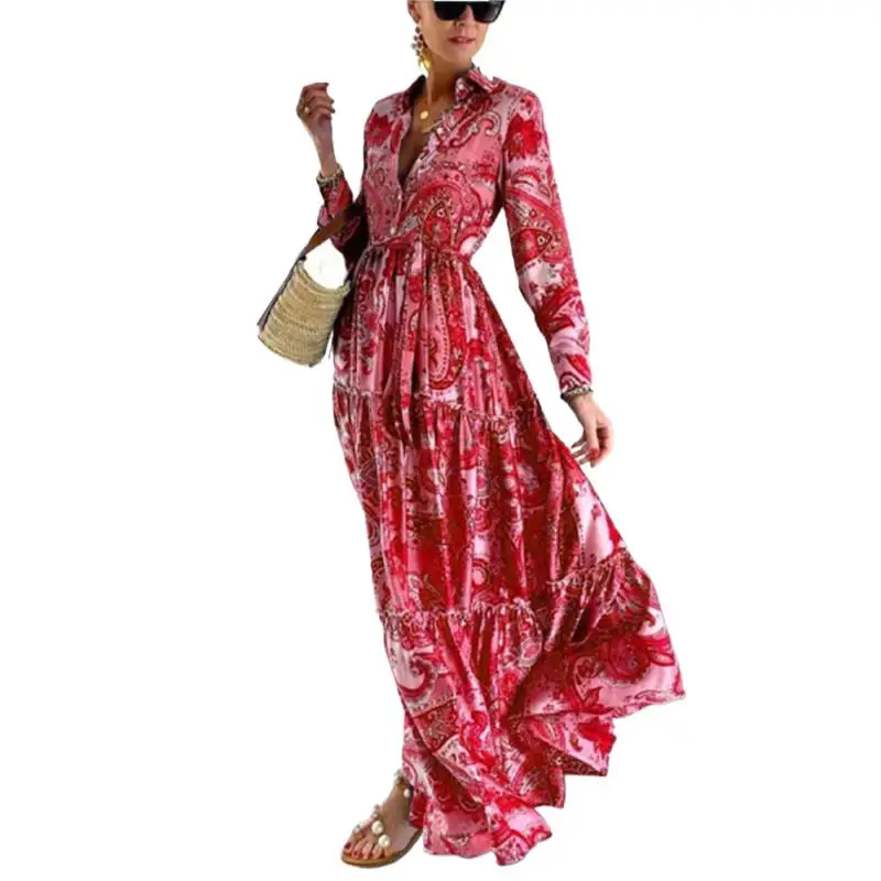 Robes d'été Para Mujer ample Boho robe de plage col rabattu bouton chemise robe femmes imprimer Vintage fête longues robes