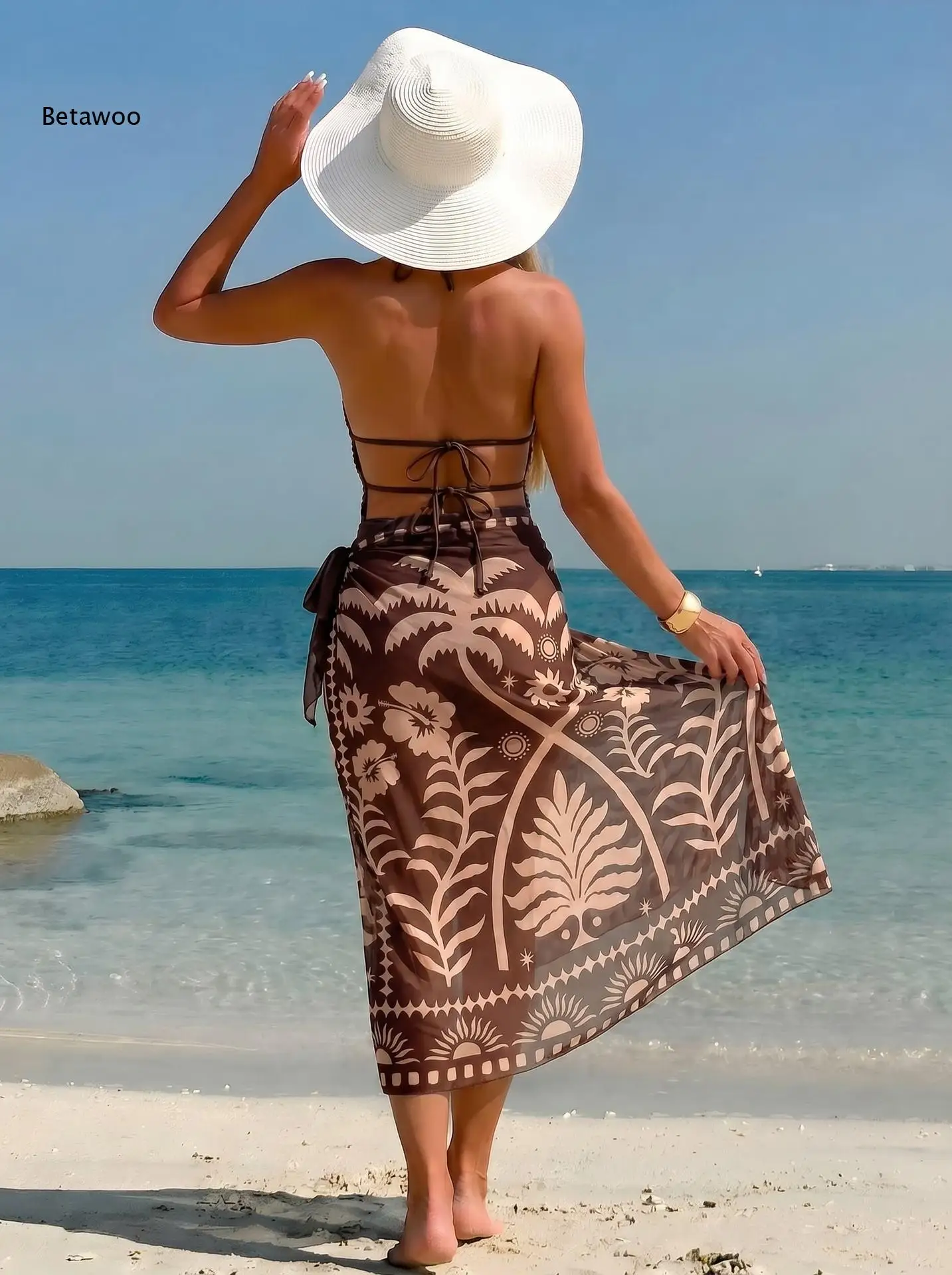 Women Halter One Piece Swimsuit with Cover Up Skirt Two Pieces Beach Outfit for Summer Vacation