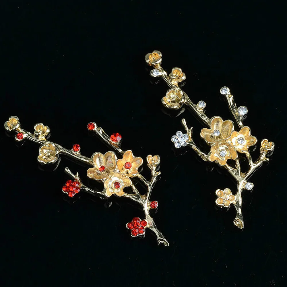 Red Rhinestone Wintersweet Branch Buttons 20pcs Gold Metal Applique Garment Accessory for Clothing Decoration Embellishment