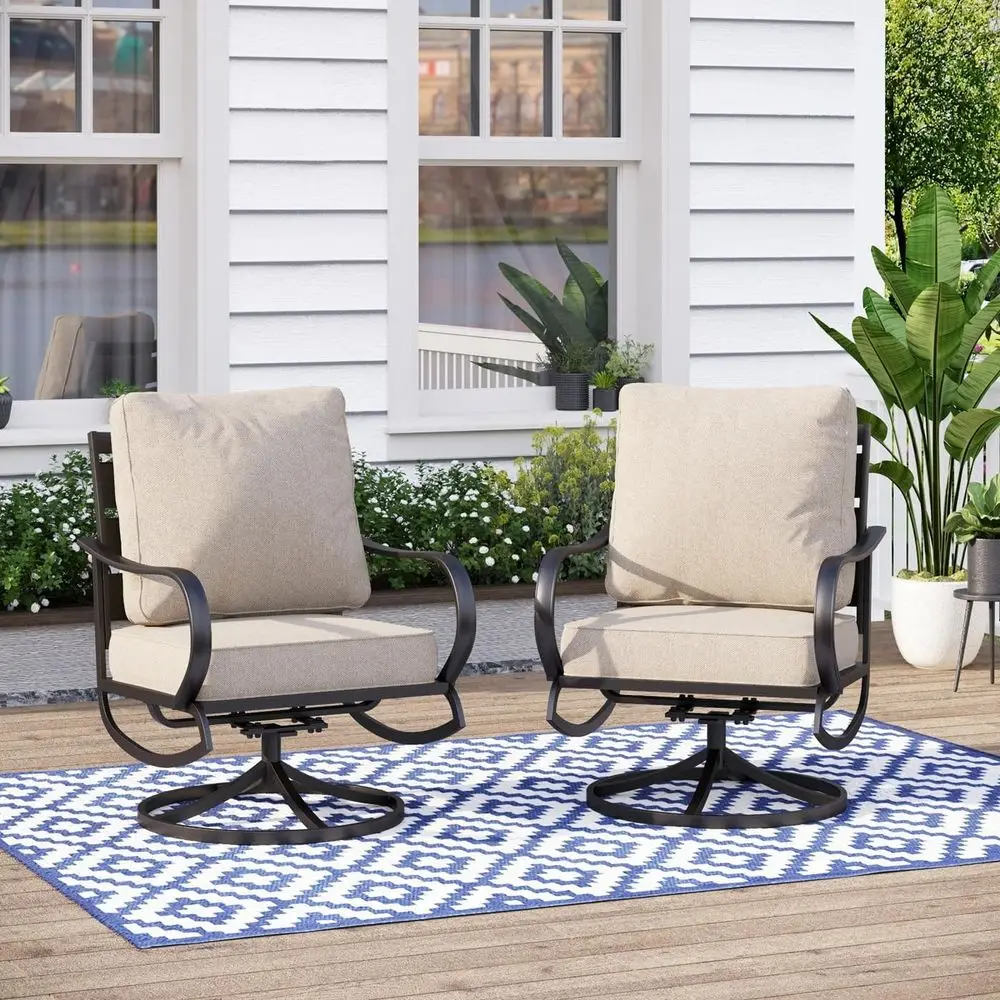 

Durable Steel Patio Swivel Chairs Set of 2 with 5.8 Beige Cushions for Garden, Backyard, or Balcony