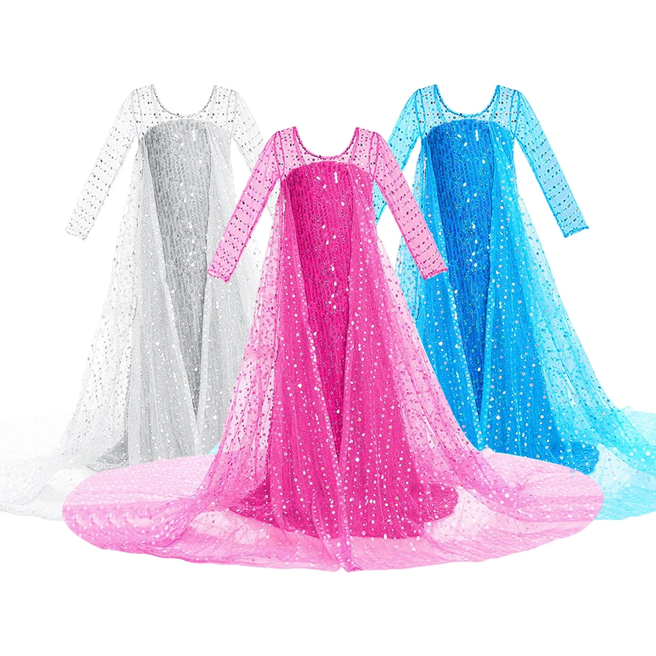 

Kids Snow Queen Long Cloak Clothing Little Girls Cinderella Sequin Floor Length Halloween Carnival Princess Style Cosplay Dress