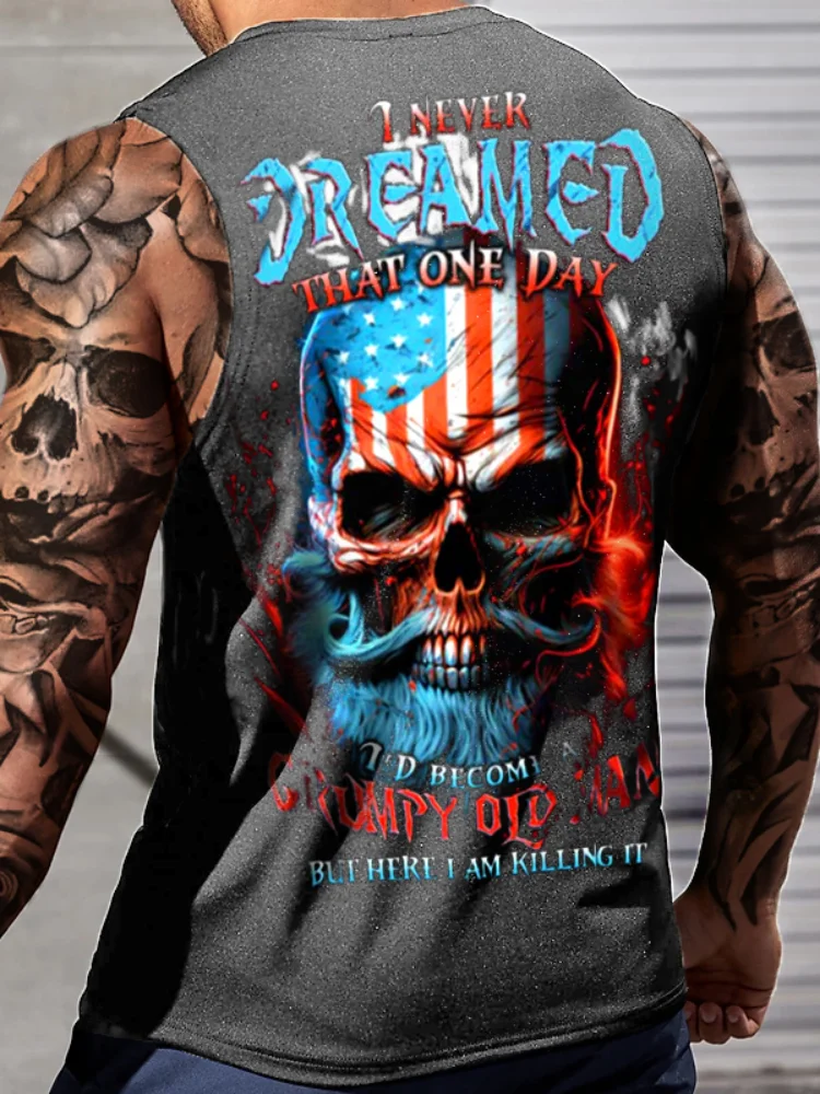 Mens Sleeveless Tank Top Beard Skull American Flag Funny Old Man Slogan Back Print Casual Workout