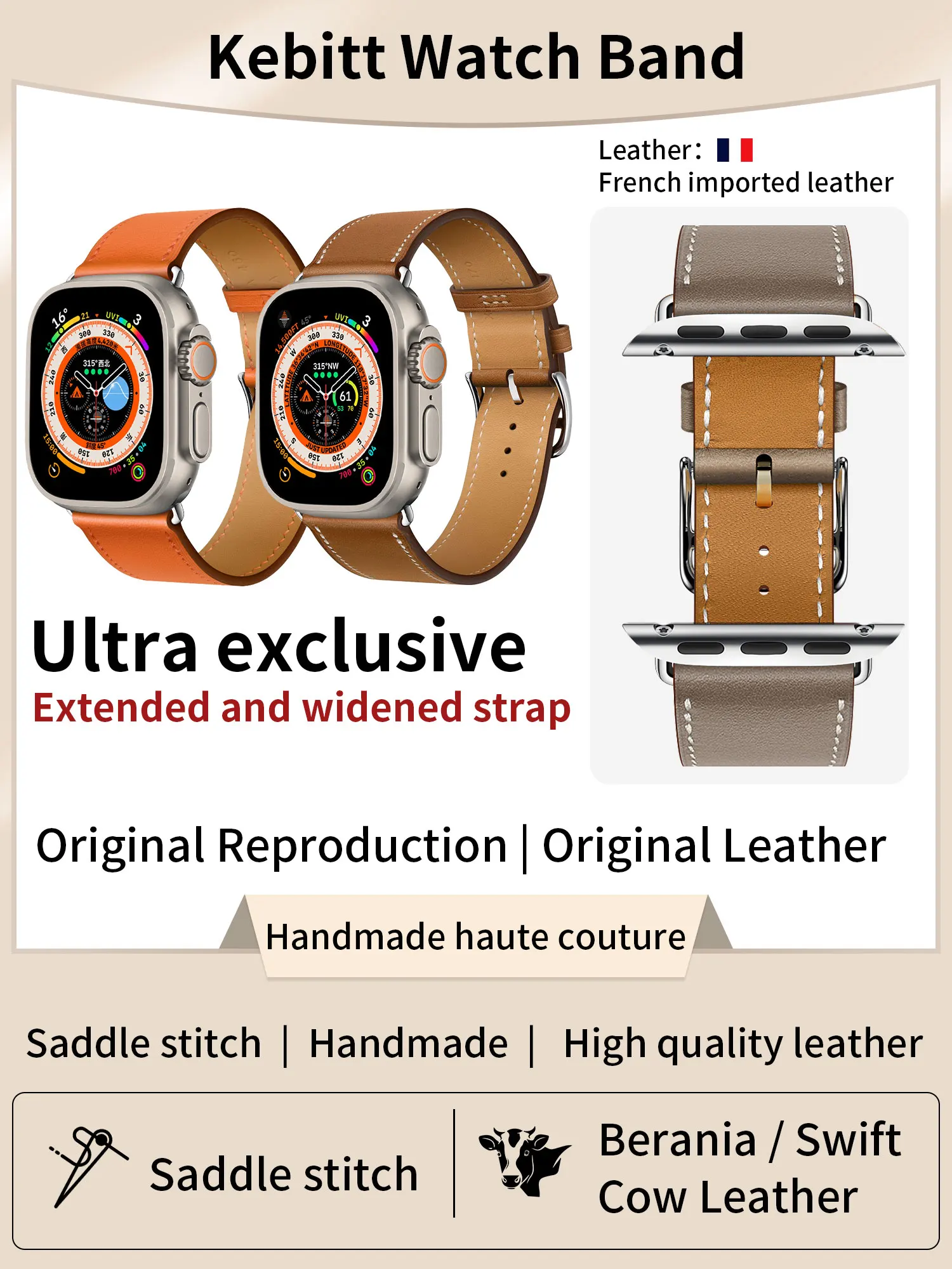 

Ремешок Kebitt из коровьей кожи для Apple Watch Ultra 1 2, сверхбольшой Расширенный длинный браслет для iWatch 10 9 8 7 49 мм 46 мм 45 мм