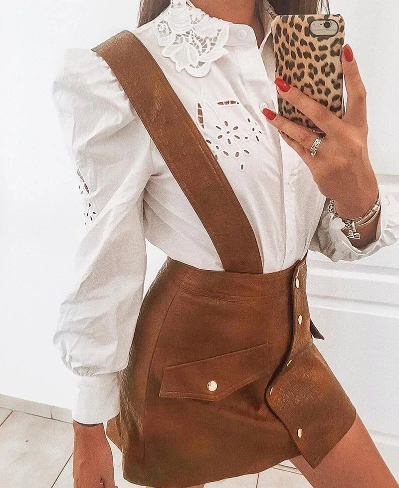 Women's High Waist Mini Brown Gothic Skirt Leather A-line Retro Suspender Skirt 2023 New Single-breasted PU Leather Strap Skirt