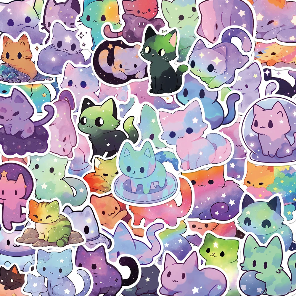 50Pcs Cartoon Starry Sky Cat Graffiti Stickers, Waterproof Vinyl Decals, Cute DIY Decor Stickers for Phone Back Card Luggage