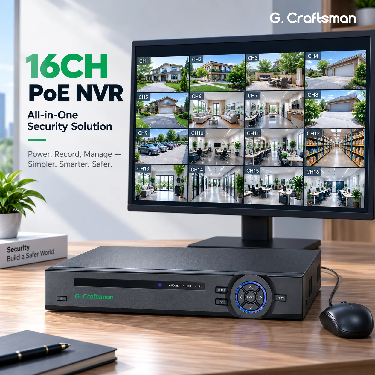 C-X 16CH PoE NVR Power & Video in One Cable Security System, H.265 Video Recorder 24/7 Recording&Playback GX-N8016H2-P16