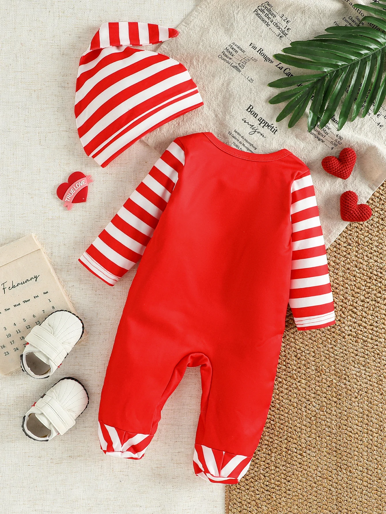 2Pcs 0-9months Spring and Autumn New Valentine's Day Newborn Baby Boys Girls Letter Printed Long sleeved Striped jumpsuit+Hat