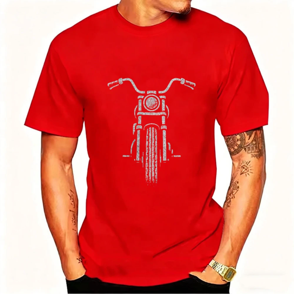 Front View Motorcycle T-Shirt Men Vintage Bike Front Wheel Handlebar Graphic Tee Casual Biker Rider Short Sleeve Navy Blue Top