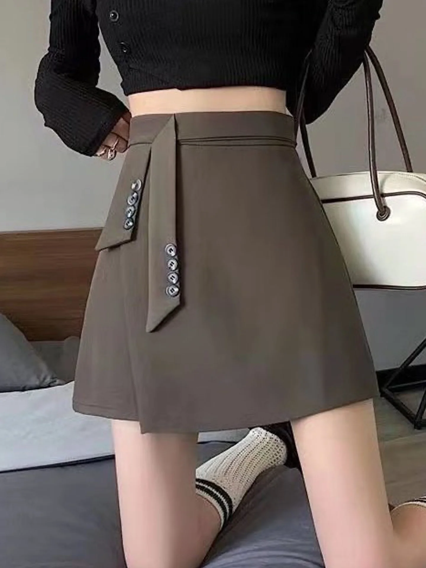Gray Asymmetrical Suit Skirt Women's High Waist Slimming A-Line Short Skirt Korean Style Anti-Static Fitted Zipper Closure