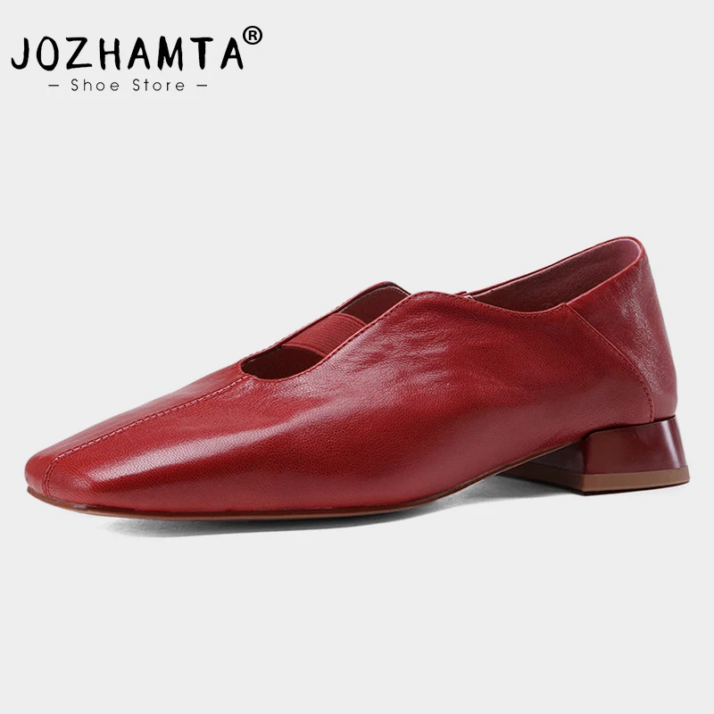 JOZHAMTA Women Pumps Genuine Leather Elastic Band Thick Mid Heels Shoes Spring 2025 Ins Classic Office Lady Daily Size 34-39