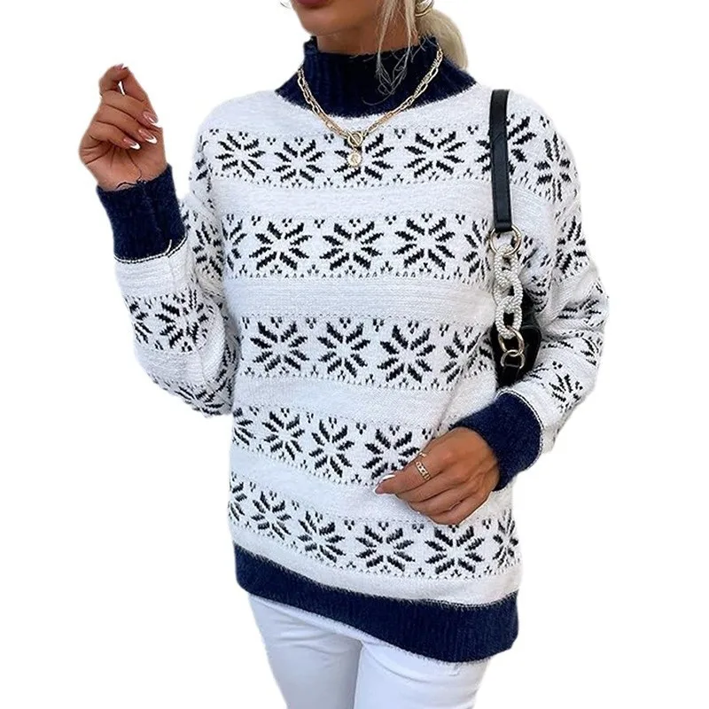 

Fall/Winter 2025 Fashion Christmas Snowflake Pattern Half-neck Women's Sweater Knitwear