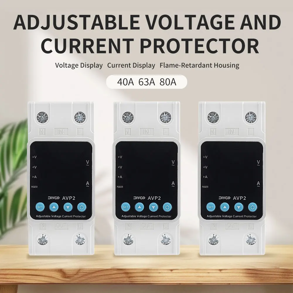 Adjustable Voltage Current Protector Over Under Voltage Over Current Protective Device Digital Display 40/63/80A Din Rail Type