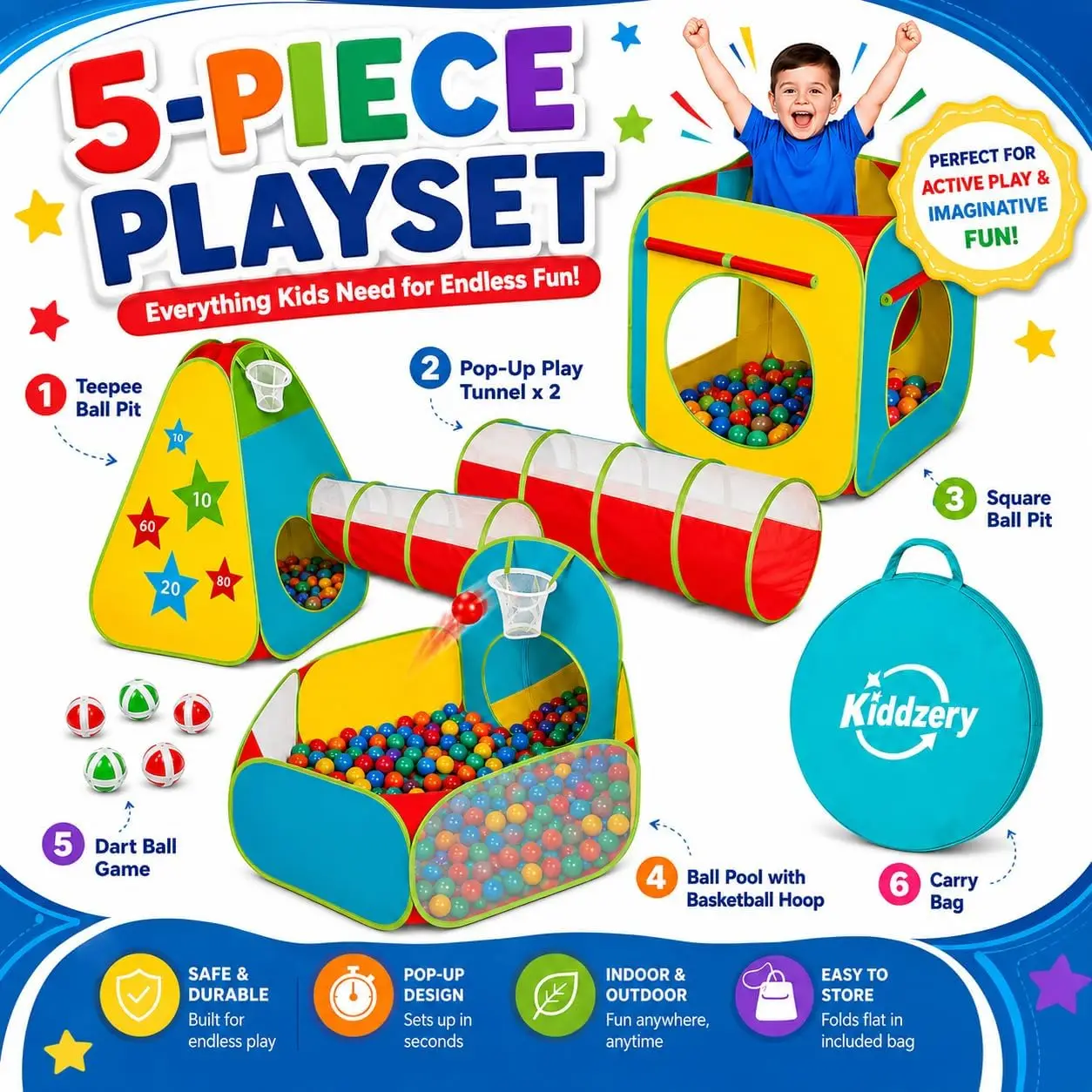 Kids Play Tent for Toddlers, 5pc Toddler Jungle Gym Playset with Ball Pit, Crawl Tunnel and Obstacle Course