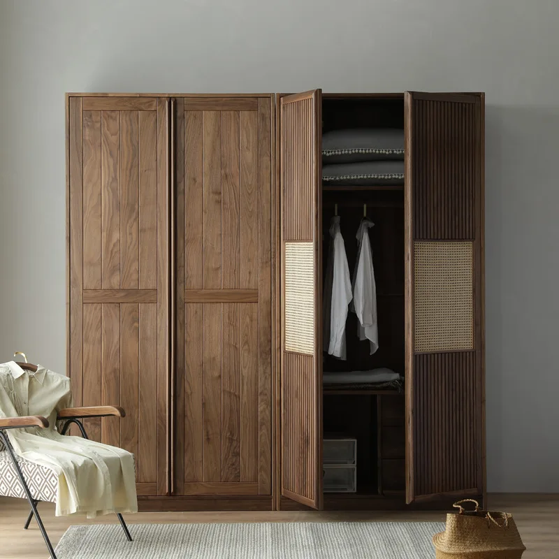 Black walnut bedroom wardrobe home locker rattan swing door wardrobe combination