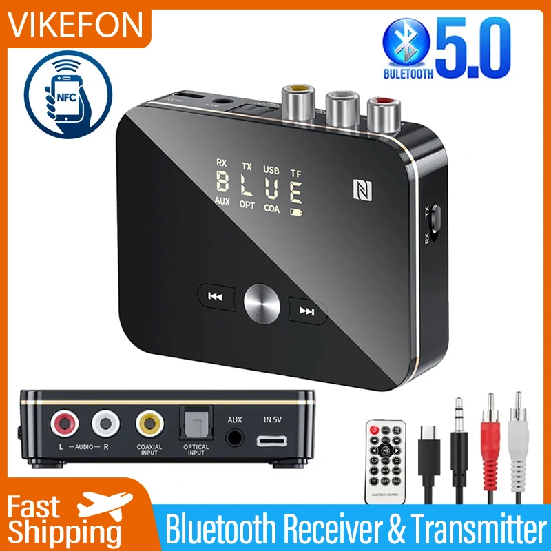 VIKEFON Bluetooth Ontvanger Zender 5.0 NFC Stereo 3.5mm AUX Jack RCA Draadloze Audio Adapter Mic IR Afstandsbediening Voor TV PC