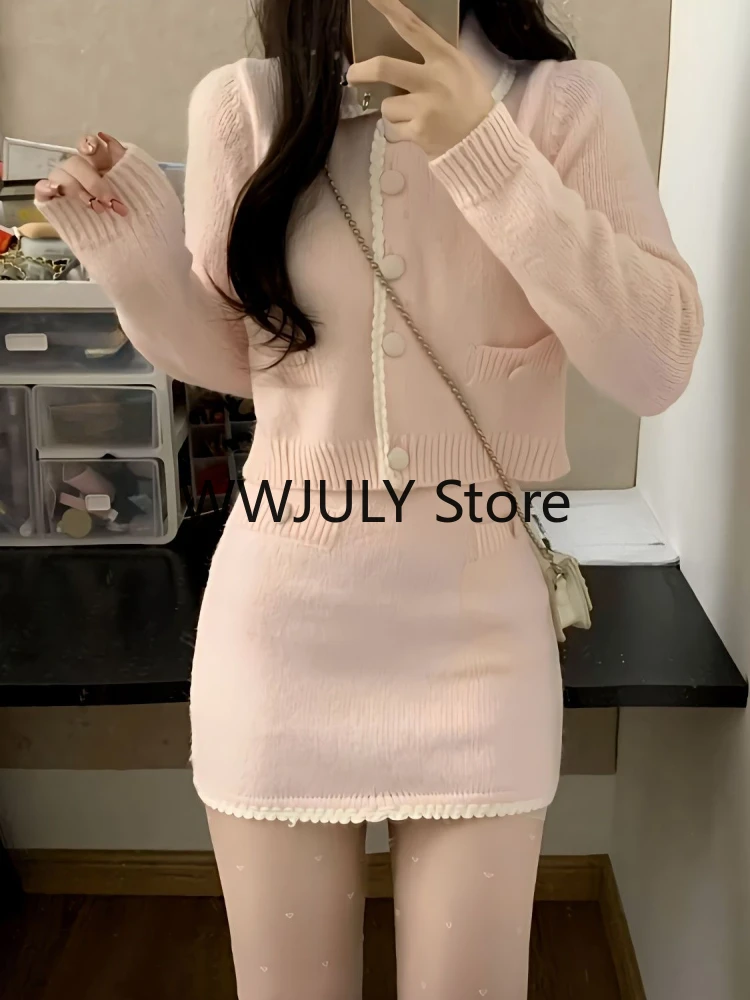 Pink Korean Fashion Knitted Suit Elegant 2 Piece Set Woman Casual Sweater Tops + Sexy Bodycon Mini Skirt Office Lady 2023 Autumn