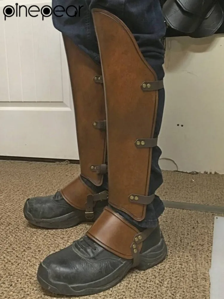 

Viking Steampunk Vintage Half Chaps Gaiter Leather Greaves Medieval Warrior Knight Leg Armor For Men Cosplay Costume Accessories