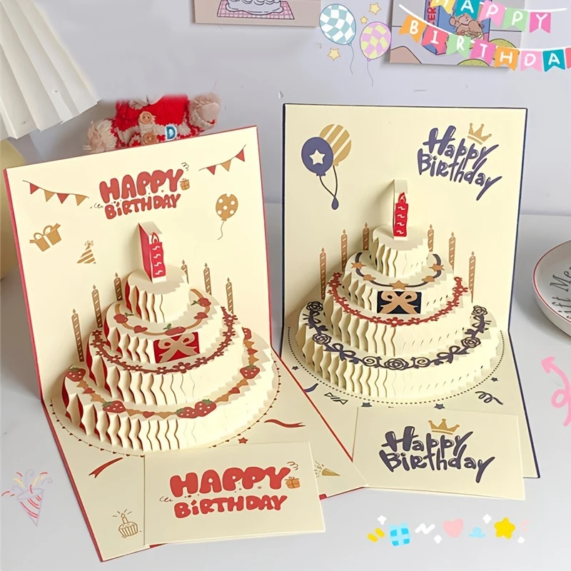 

Happy Birthday Card Christmas Gift Card 3d Birthday Cake Pop-Up Greeting with Envelope Christmas Invitation Cards