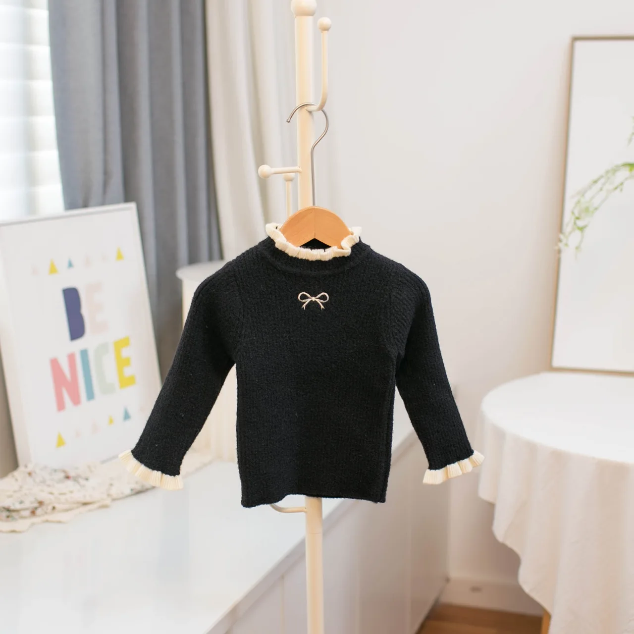 2025 Autumn and Winter New Girl's  Base Sweater Wrinkled Small High Neckline Bow Sweater Children Clothing