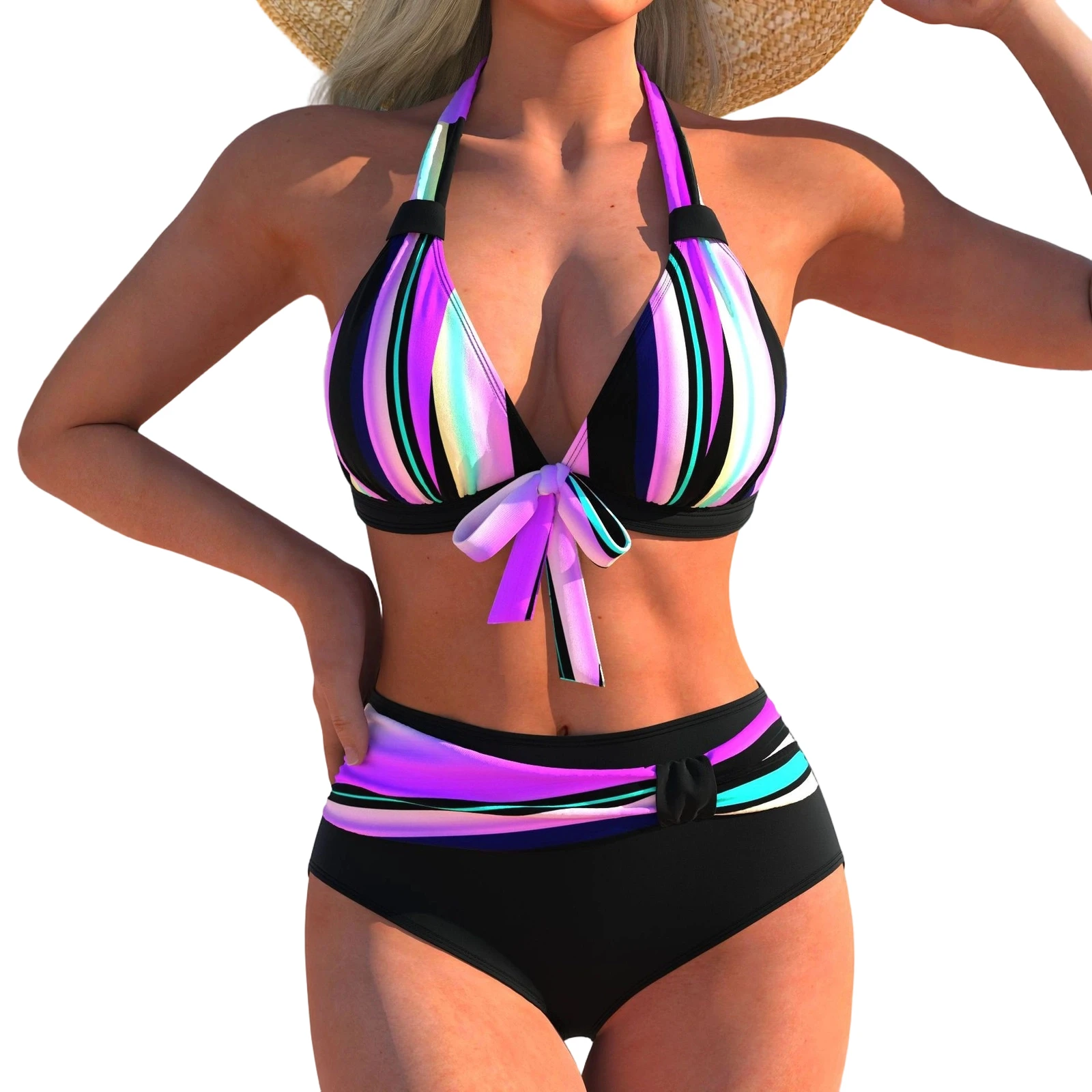 

Сексуальный комплект бикини: летний модный купальник в горошек и разноцветную полоску для пляжа и бассейна, с высокой талией и завязками спереди.