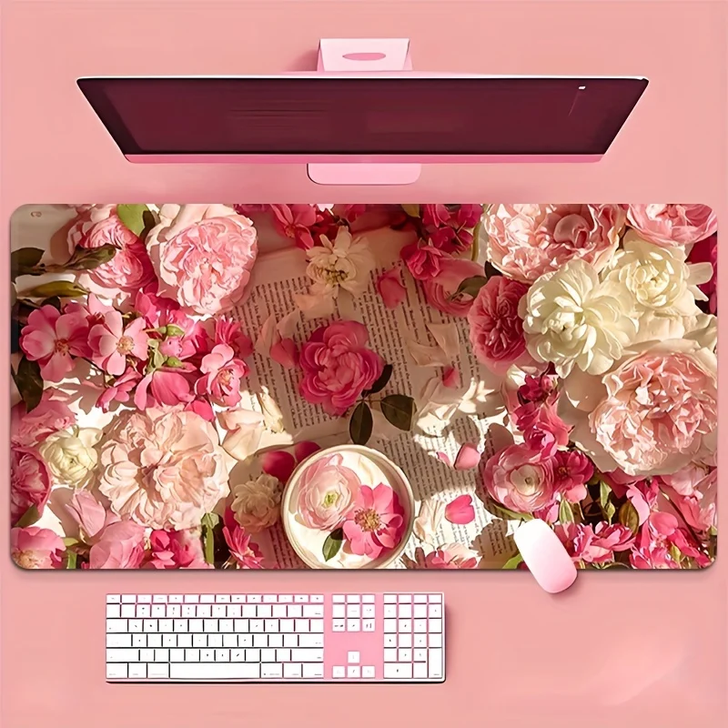 

Pink Floral Pattern Mouse Pad Large Rubber Base Non-slip PC Desk Accessories Mousepad for Office & Gamer Keyboard Mats Decor Mat