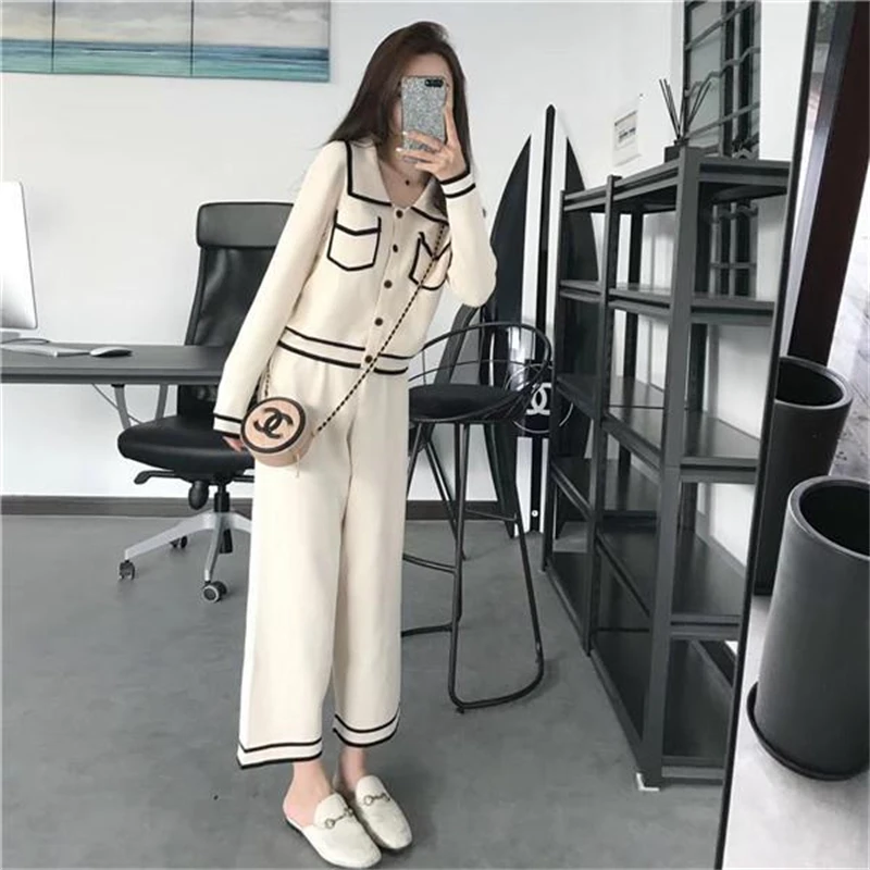 Elegant Knitted Pants 2 Piece Set Women Korean Fashion Cardigan Conjuntos Spring Casual Ankle-length Wide Leg Pantalones Outfits