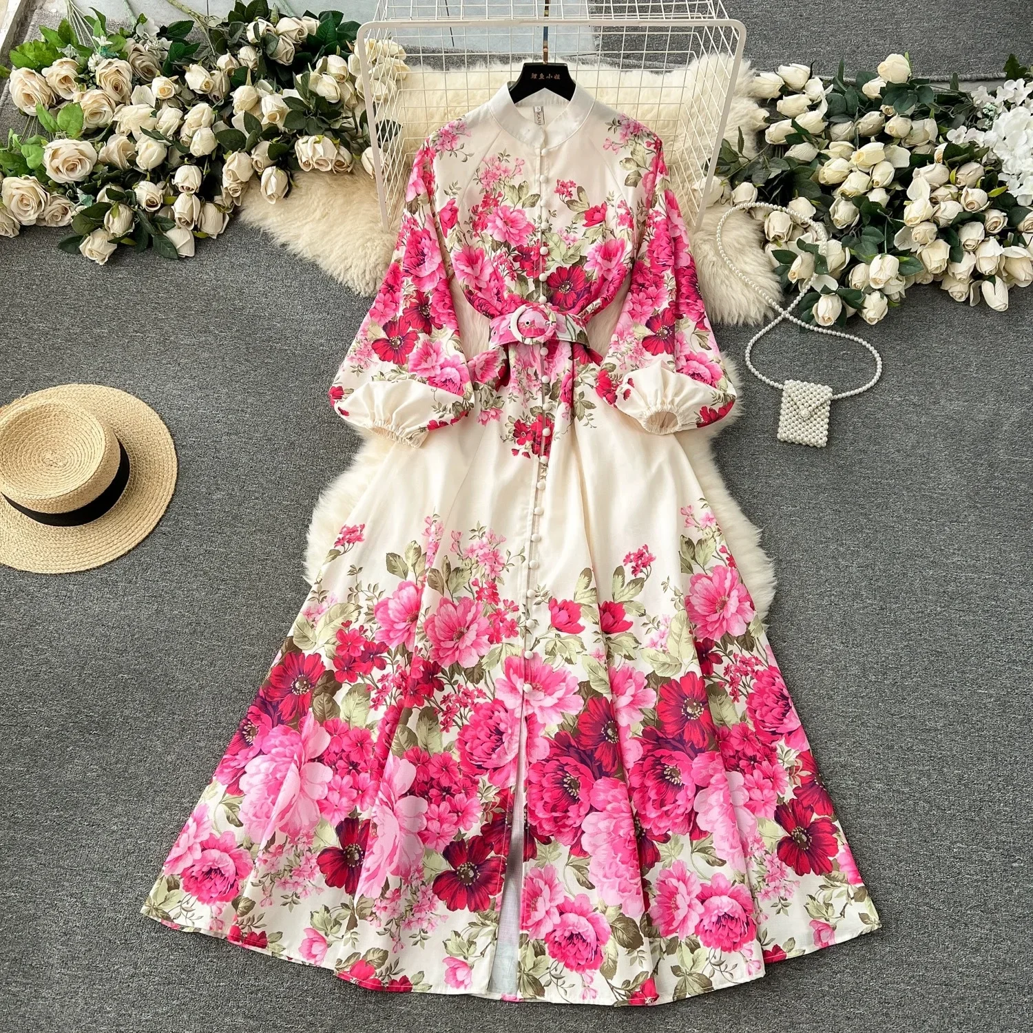 

Dress Women Long Dresses A Line Print Floral Streetwear Round Neck Puff Sleeve Elegant High Waist Belt Y2k Party Beach Vestidos
