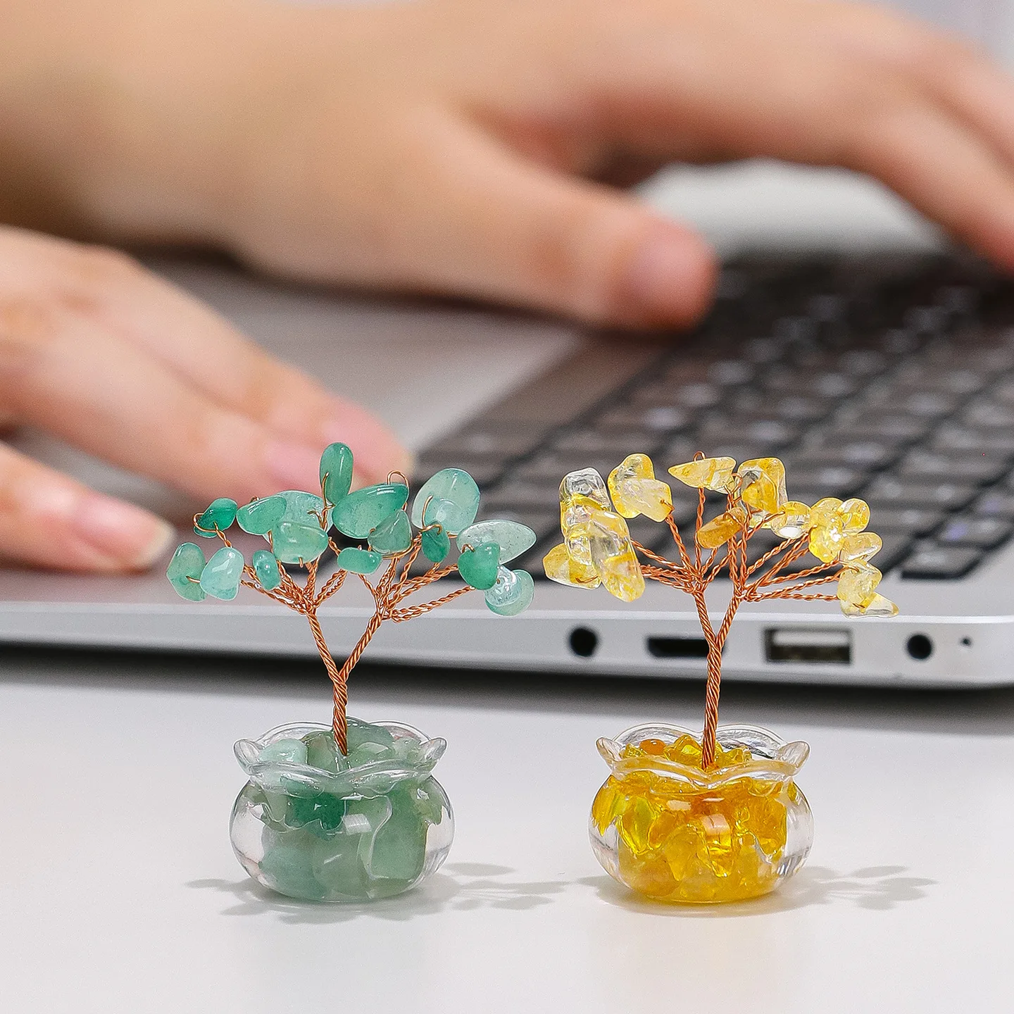 Mini Yellow Crystal Money Tree Copper Wire Wrapped Lucky Wealth Feng Shui for Home Office Tabletop Crafts Lucky Trees Gift Decor