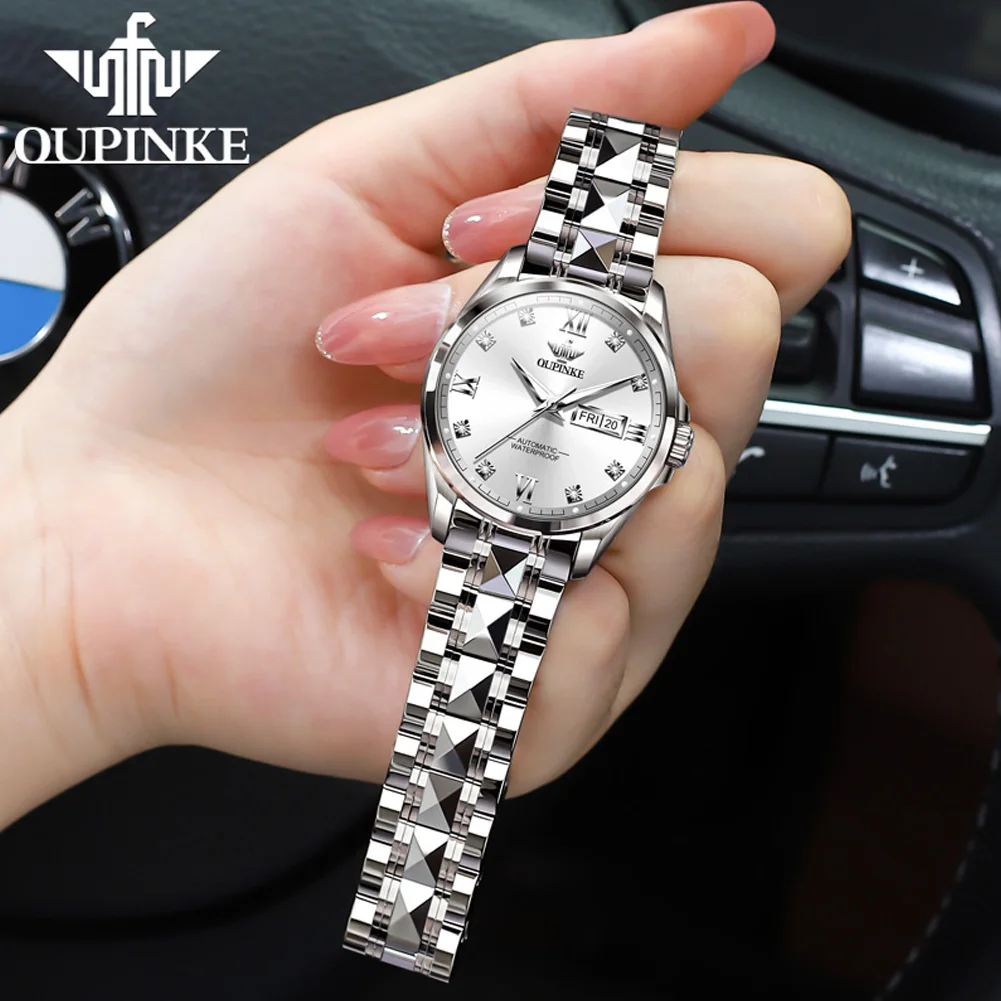 OUPINKE 3262 Womens Watch Original Luxury Automatic Mechanical Watch 50M Waterproof Luminous Day Date Watches For Women Sapphire