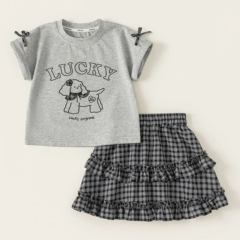 

2Piece 2026 Summer Girls Luxury Clothes Korean Fashion Cartoon Cute Sleeveless Baby Tops+Plaid Skirt Kids' Sets And Outfits B320