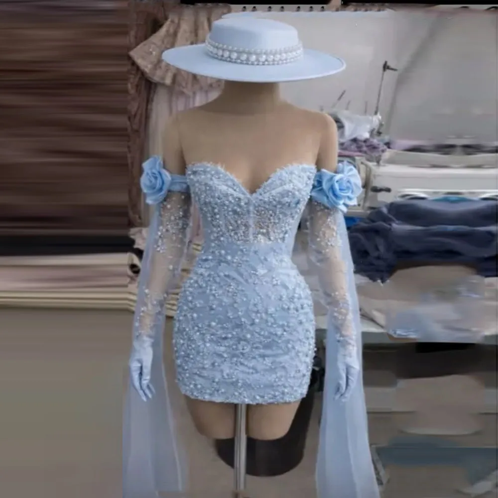 Modern Customized Cocktail Dress Mini Short Cocktail Gowns for Women Sheath Off The ShoulderLace Party Gown With Flowers