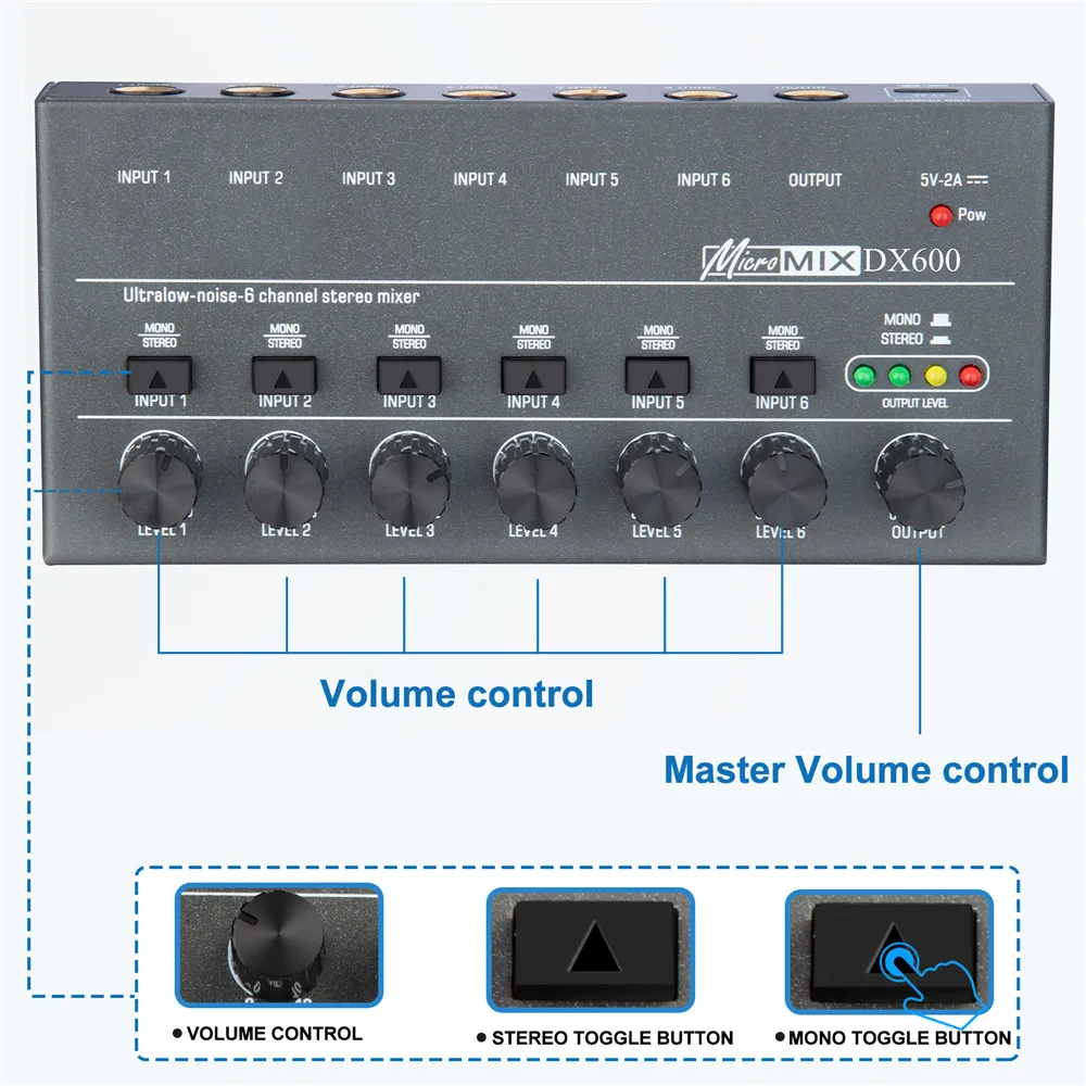 DX600 Audio Interface 6 Channel Stereo Headphone Amplifier Ultra Low-Noise Sound Mixer Recording Studio Monitor for Guitar