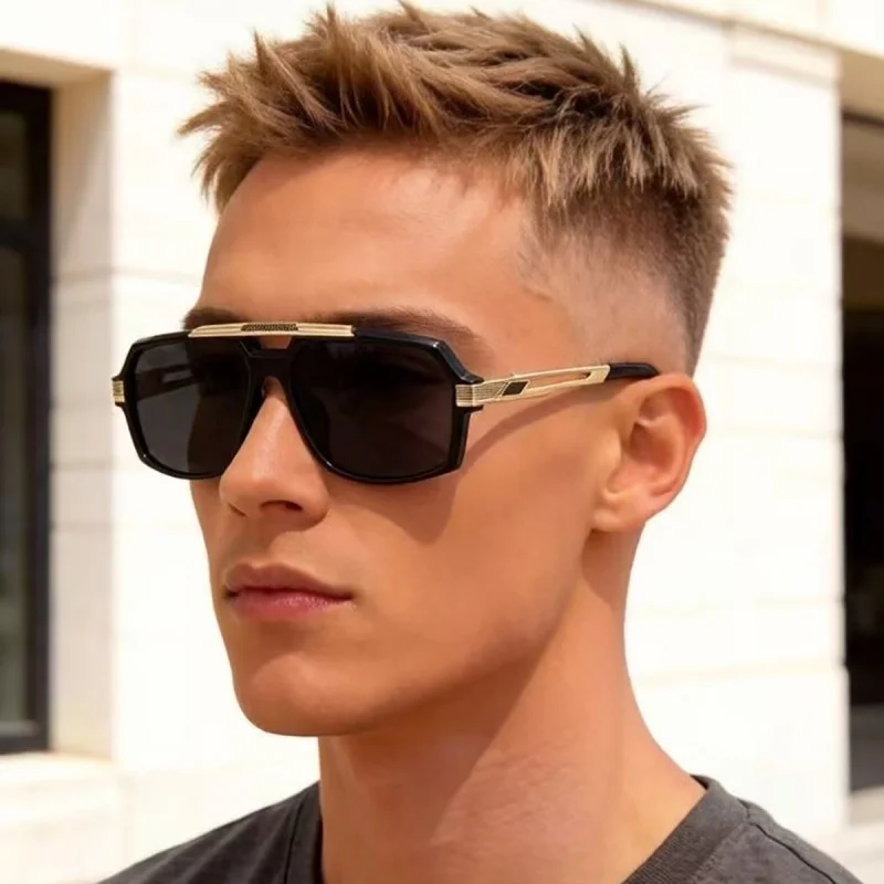 1 Pair of Men's T Transparent Frame Gray European and American Fashion Double Beam Cut Edge Metal Classic Pilot Sunglasses