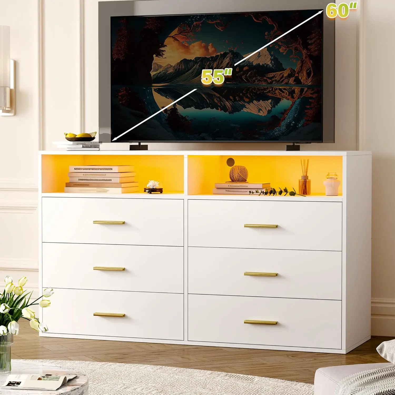 Commode à 6 tiroirs pour chambre à coucher Commode moderne blanche avec lumières LED, grand meuble TV, couloir, 47,3' L x 39,4' H x 15,8' D