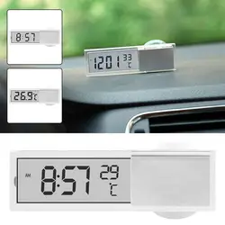 2 In 1 Automobile Car Clock LCD Display Sucker Type Clock Thermometer Transparent Portable Car Interior Ornament Accessories