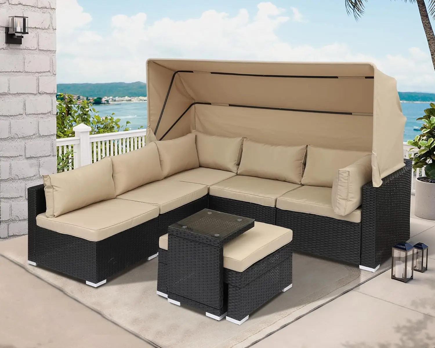 Rattan Furniture Daybed with Canopy 7 Pieces Outdoor Day Bed Wicker Sectional Sofa Set Patio Furniture Set with