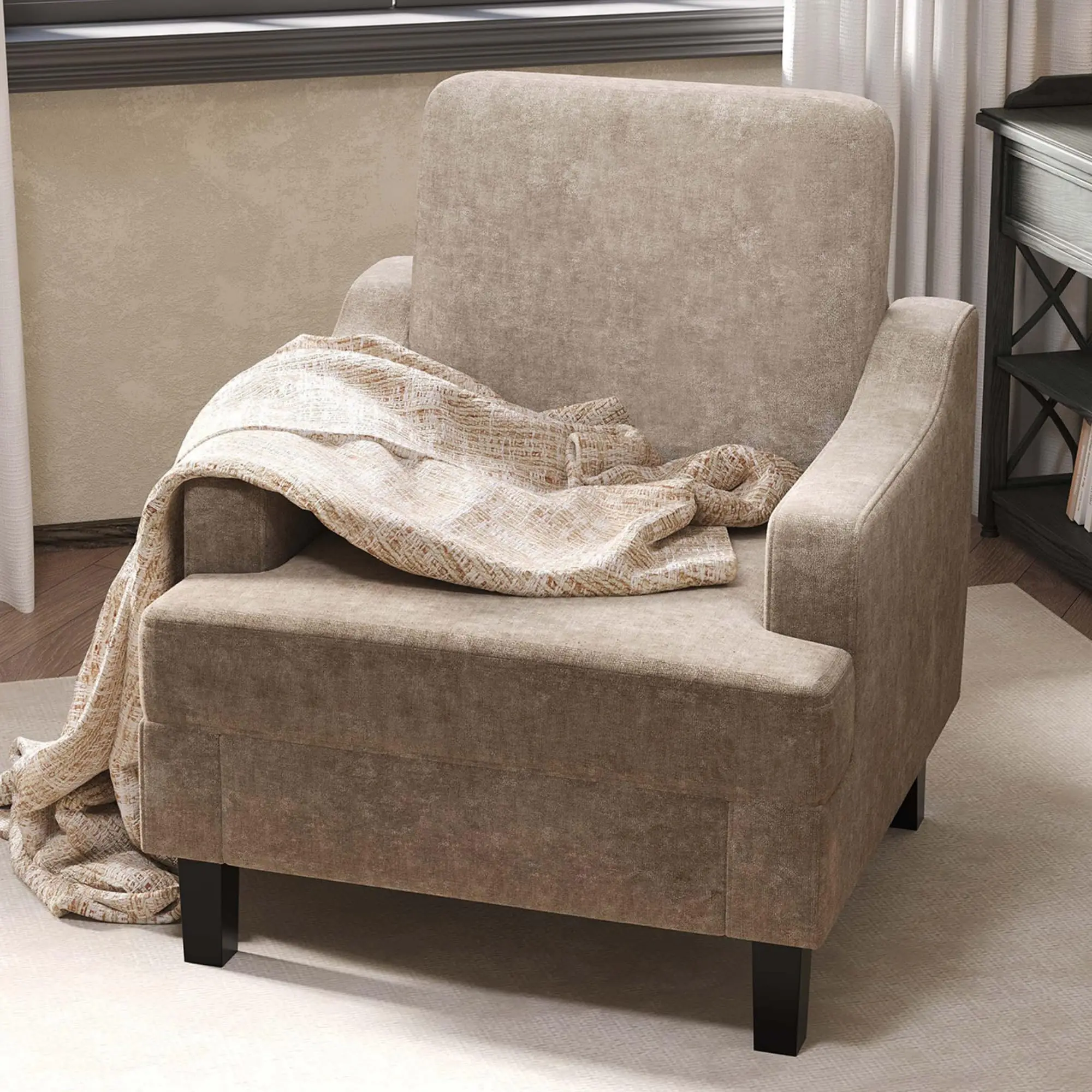 Chenille Mid Century Modern Accent Chair Upholstered Armchair With Wood & Iron Frame For Living Room Bedroom Reading Corner