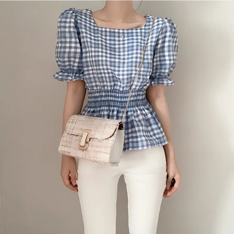 CGC-camisas a cuadros Vintage para mujer, blusas elegantes con mangas abullonadas y cuello cuadrado, Tops informales ajustados, ropa para primavera y otoño 2025