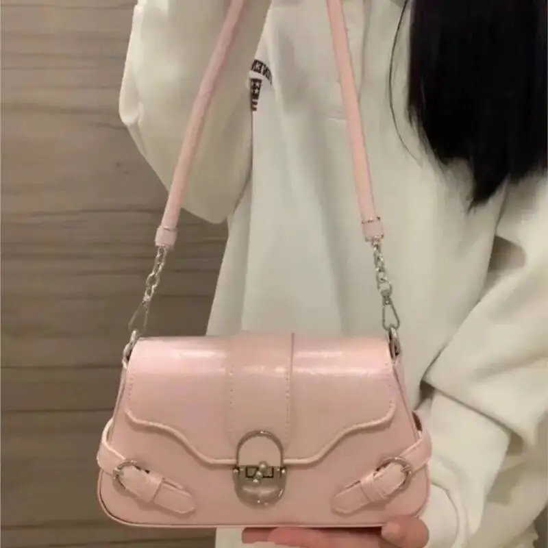 Bloom Vintage Pink Shoulder Women High Street Elegant Leather Y2k Handbag Female Retro Casual Crossbody Bags Bolsos Chic