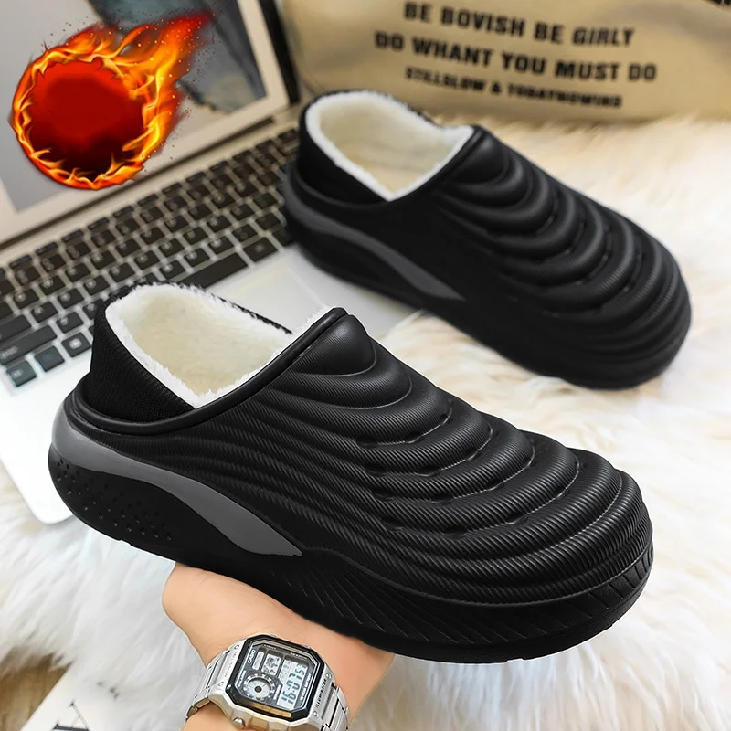 Large Size Men's Full-Coverage Cotton Slippers for Winter, Eva Integrated Waterproof, Fleece-Lined, Thickened, Lightweight, Cold-Resistant, Closed-Toe Cotton Slippers