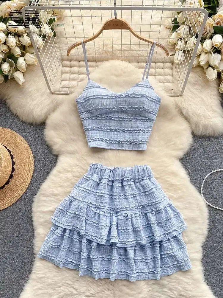 

BabYoung Ruffles Summer Lace Two Piece Set Women Elegant Backless Stretch Camisole Elastic Waist Mini Skirt Korean Fashion Suit