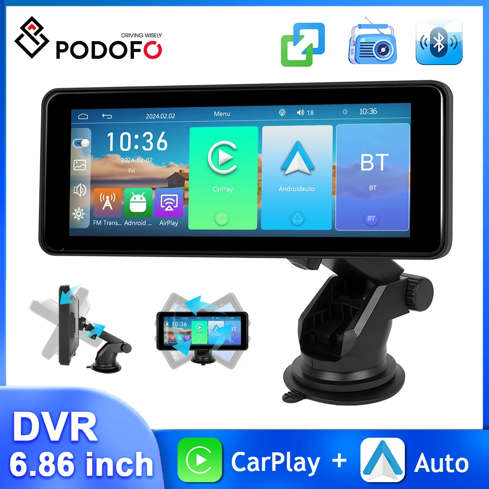 

Podofo 6.86'' Car DVR Carplay Android Auto Smart Screen Player AUX Bluetooth EQ Dashboard Airplay Android Cast Portable Player