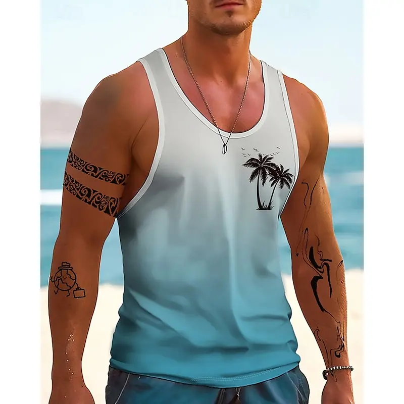 

3D Printed Men's Gradient Color Tank Top Hawaiian Style Daily Casual Sleeveless Tees Loose Seaside Travel Quick Dry Male Clothes